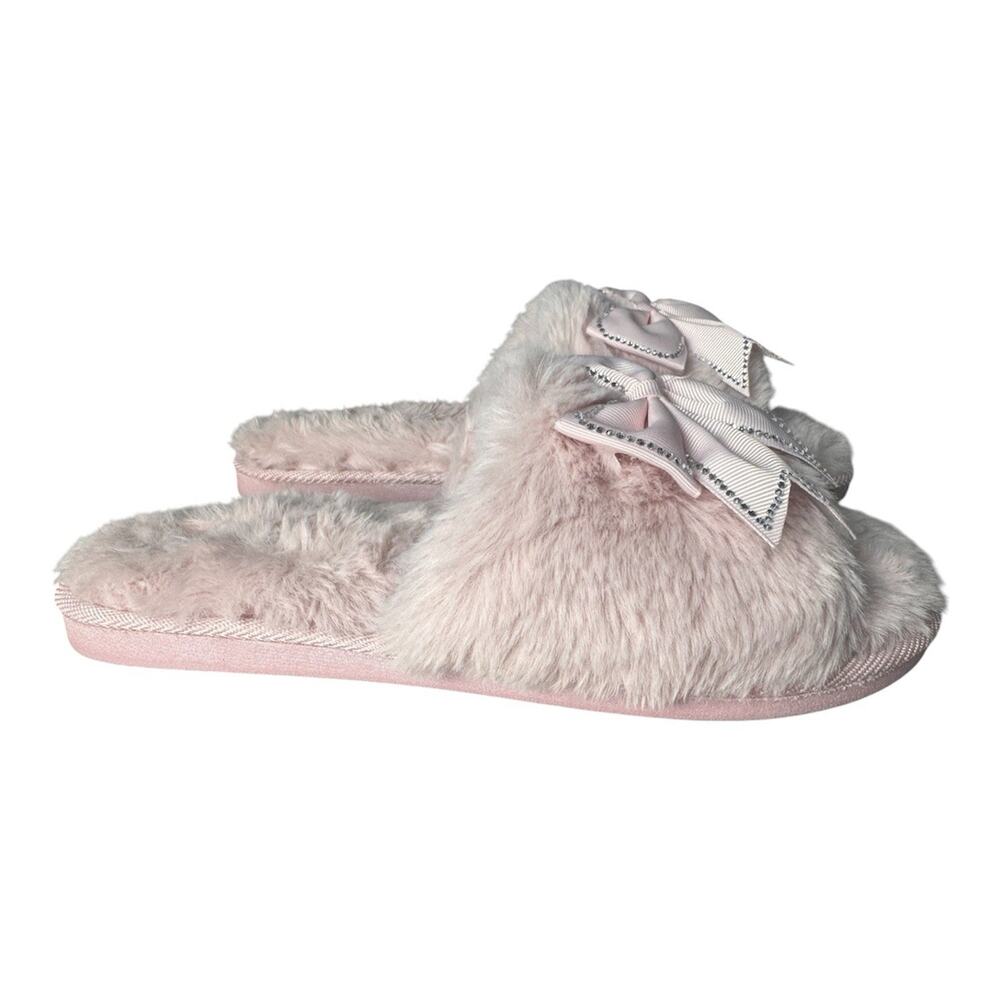 Thalia Sodi Pink Faux Fur Slide Slippers Bow Rhinestone Cozy Coquette Size 9-10 - Picture 4 of 9